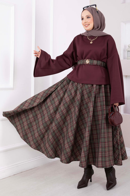 Ekose Desen Etek Bluz Kemerli Takım Bordo