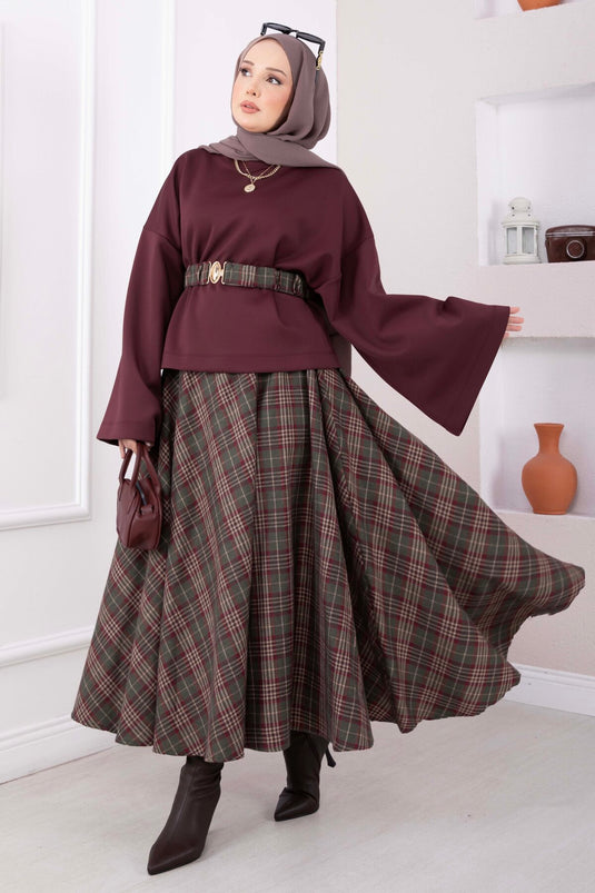 Ekose Desen Etek Bluz Kemerli Takım Bordo