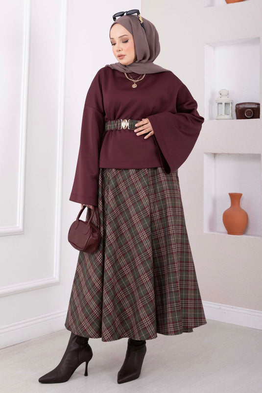 Ekose Desen Etek Bluz Kemerli Takım Bordo