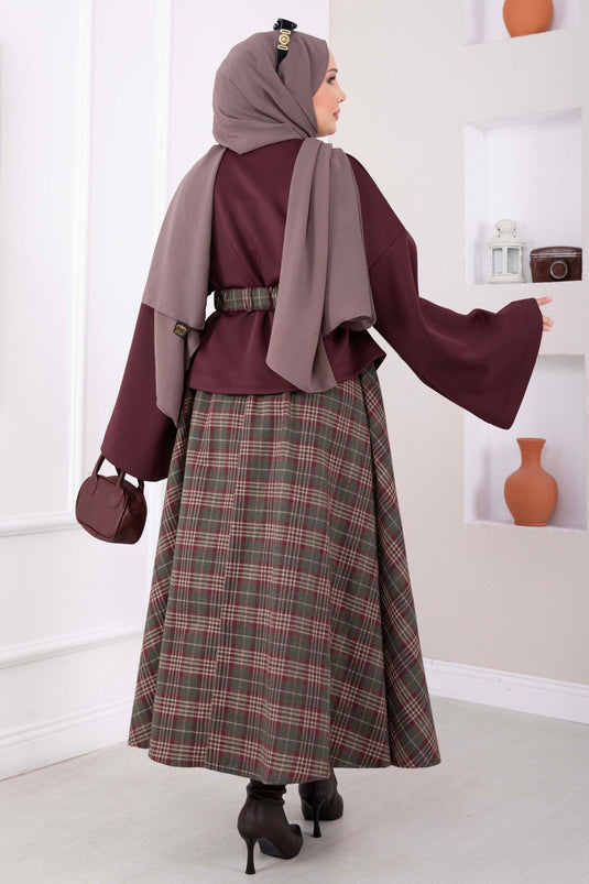 Ekose Desen Etek Bluz Kemerli Takım Bordo