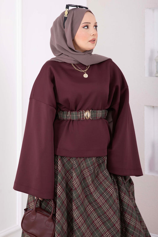 Ekose Desen Etek Bluz Kemerli Takım Bordo