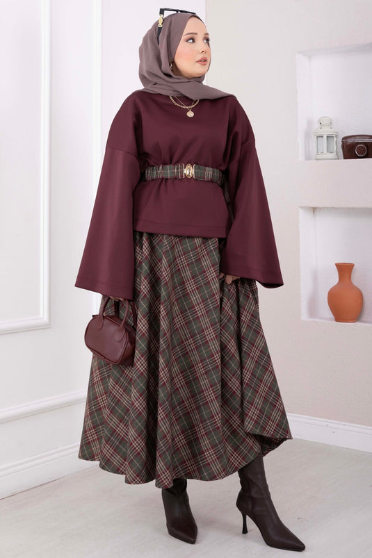 Ekose Desen Etek Bluz Kemerli Takım Bordo
