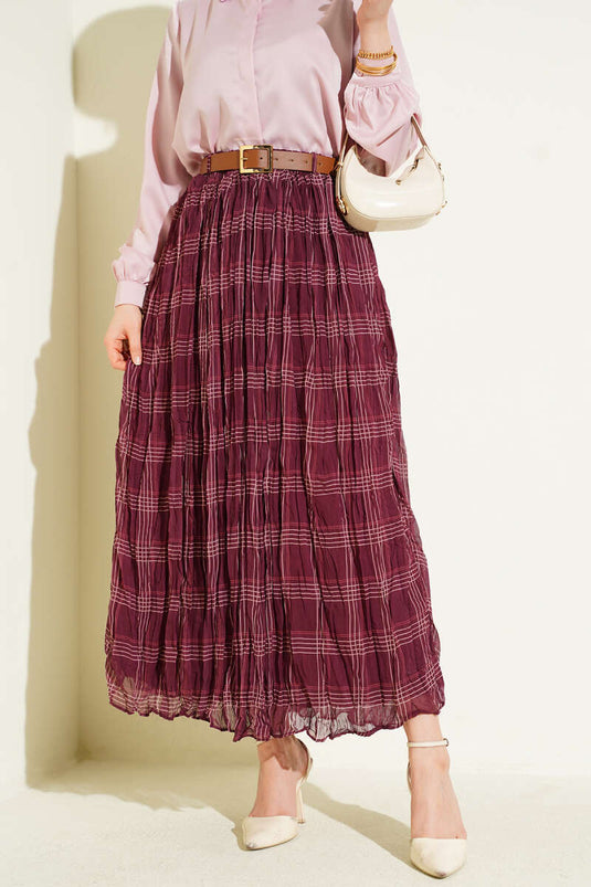 Ekose Desen Kırışık Şifon Etek Bordo