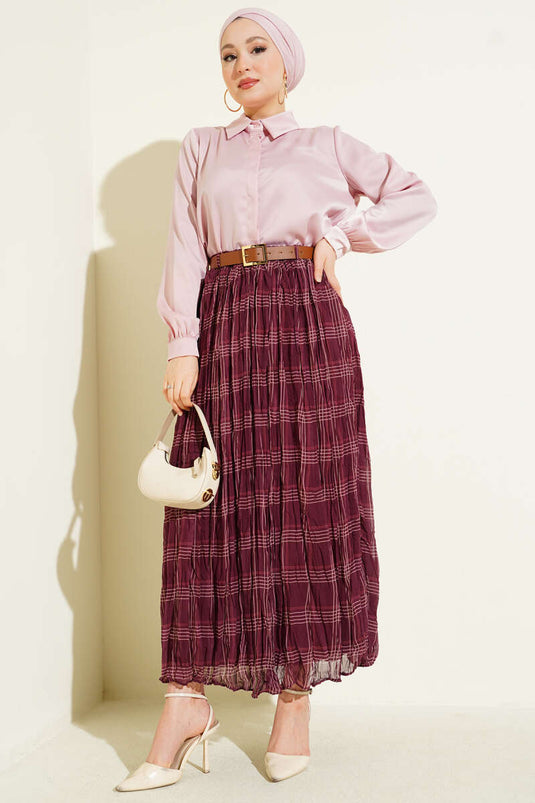 Ekose Desen Kırışık Şifon Etek Bordo