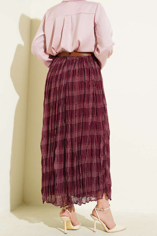 Ekose Desen Kırışık Şifon Etek Bordo