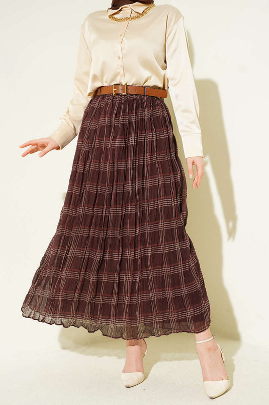 Ekose Desen Kırışık Şifon Etek Kahve