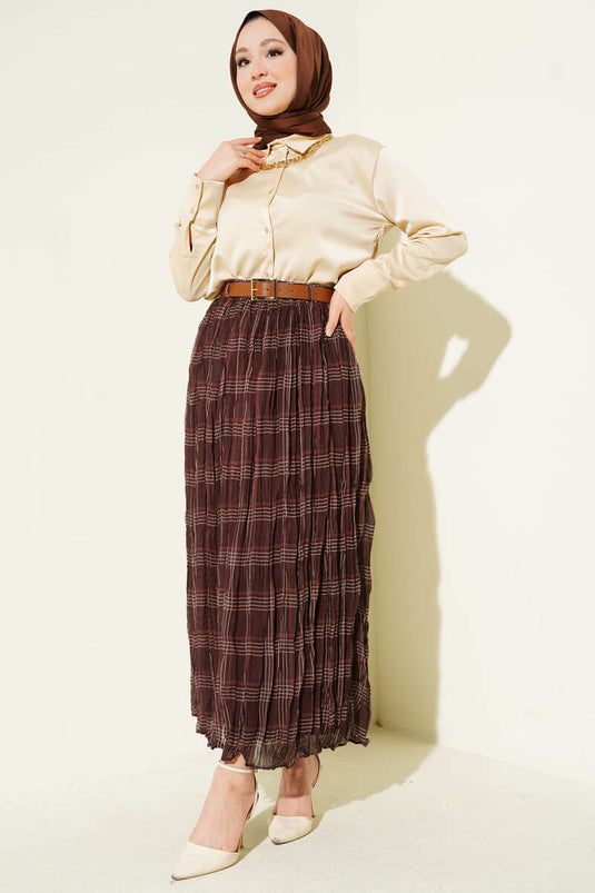 Ekose Desen Kırışık Şifon Etek Kahve