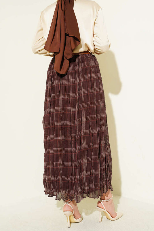 Ekose Desen Kırışık Şifon Etek Kahve