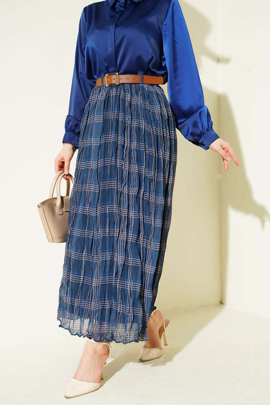 Ekose Desen Kırışık Şifon Etek Lacivert