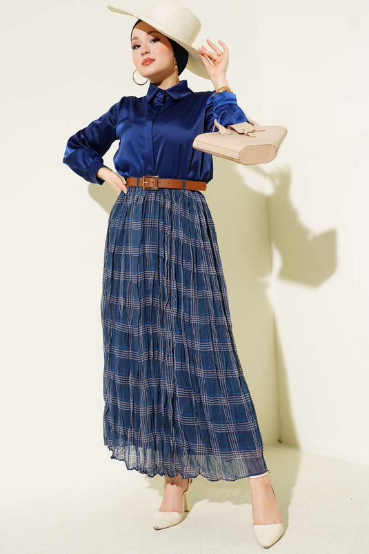 Ekose Desen Kırışık Şifon Etek Lacivert