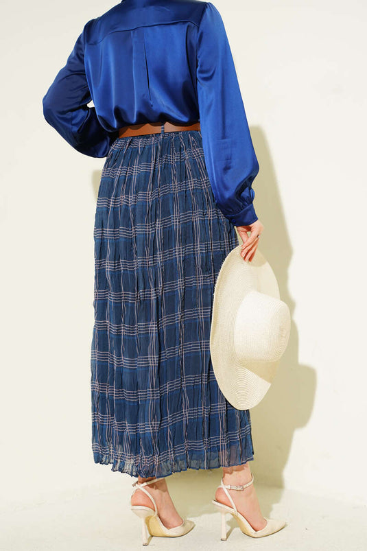 Ekose Desen Kırışık Şifon Etek Lacivert