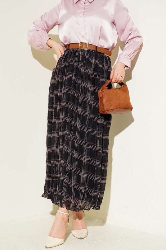 Ekose Desen Kırışık Şifon Etek Siyah