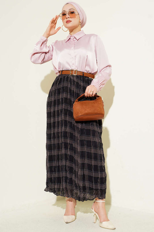 Ekose Desen Kırışık Şifon Etek Siyah