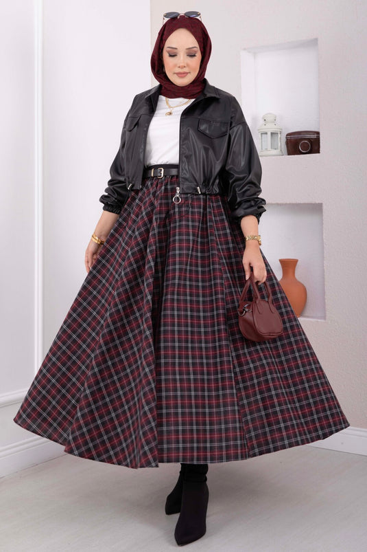 Bordeaux En Zwart Geruit Flared Rok