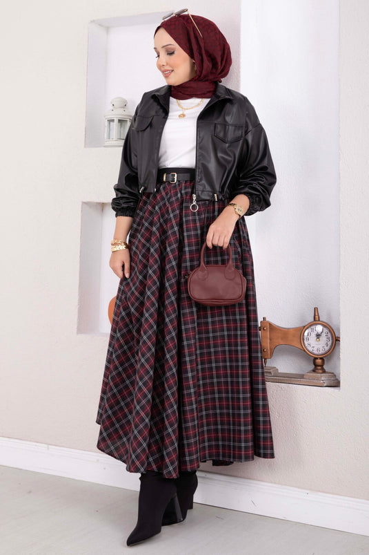 Bordeaux En Zwart Geruit Flared Rok