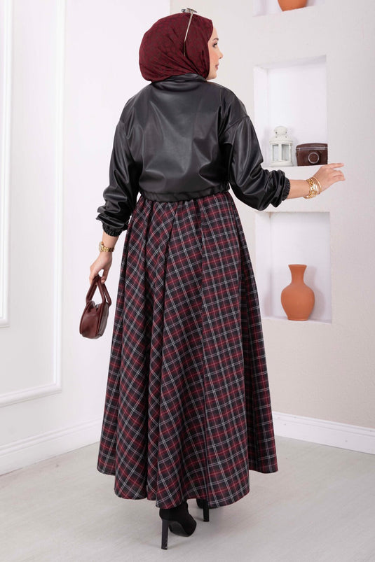 Bordeaux En Zwart Geruit Flared Rok