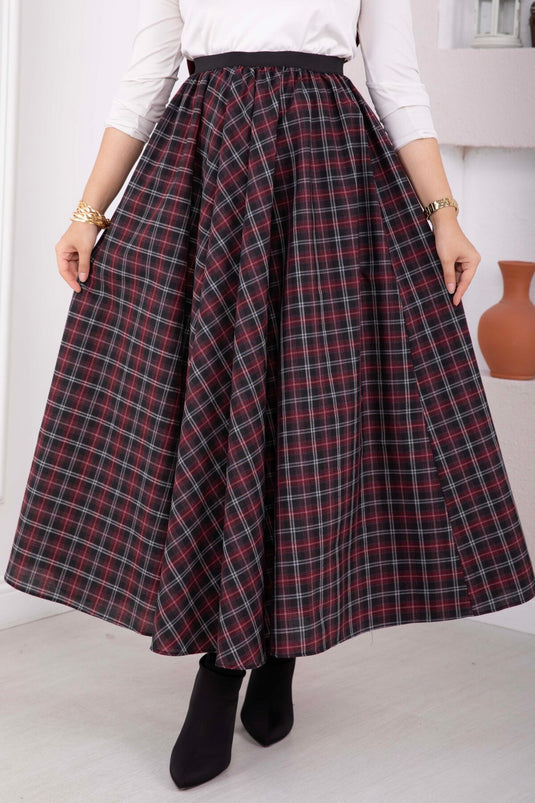 Bordeaux En Zwart Geruit Flared Rok