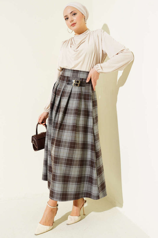 Checked Pattern Pleated Flared Skirt Gray