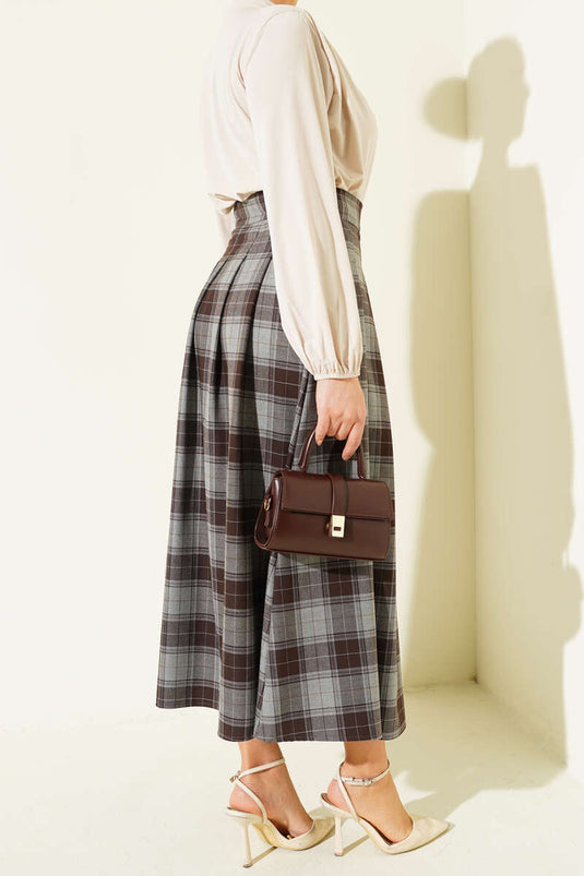 Checked Pattern Pleated Flared Skirt Gray