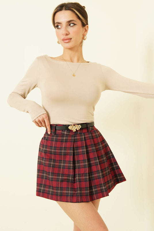 Ekose Desen Pileli Mini Şort Etek Bordo