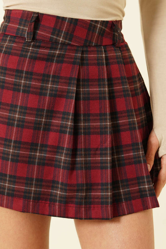 Ekose Desen Pileli Mini Şort Etek Bordo