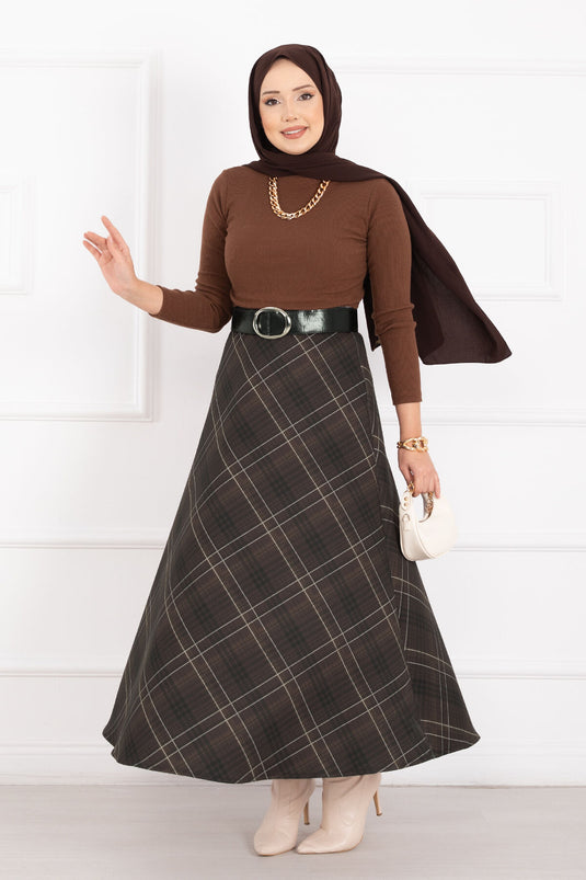 Scuba-Rock mit Karomuster, Kaffee