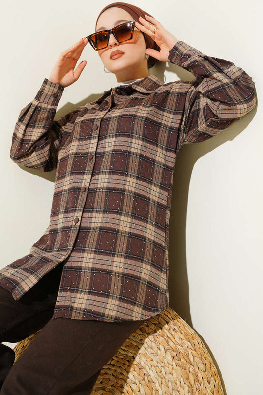 قميص مزخرف بحجارة إيكوزي بني