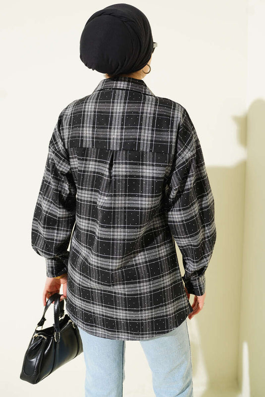 قميص مزخرف بحجارة إيكوزي أسود