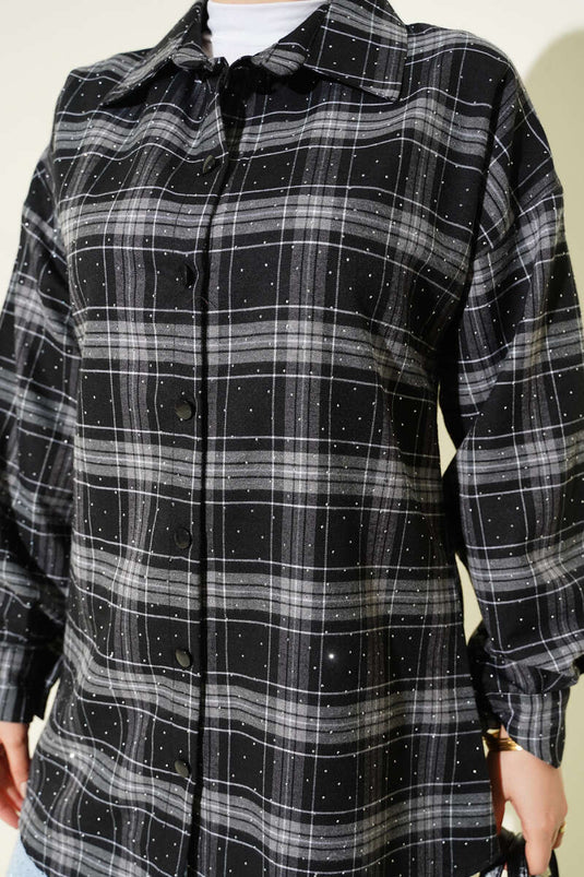 قميص مزخرف بحجارة إيكوزي أسود