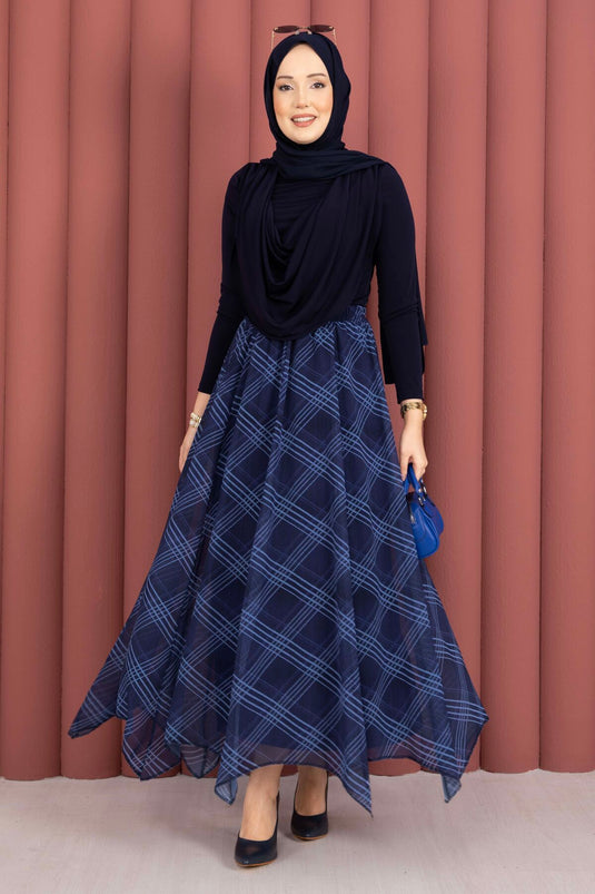 Checked Pattern Asymmetric Cut Chiffon Skirt Navy Blue