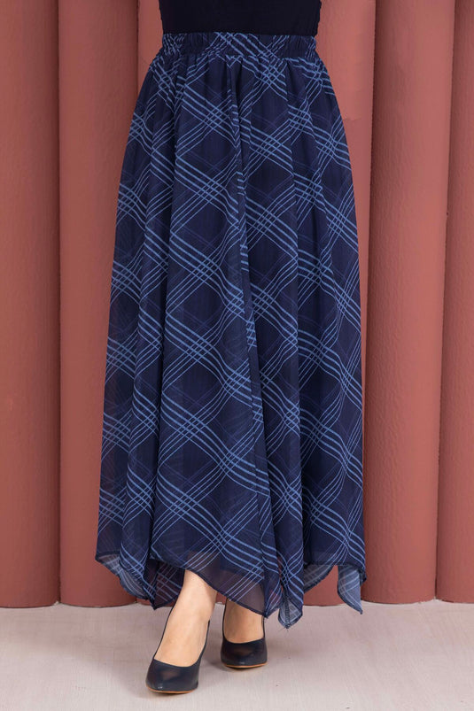 Checked Pattern Asymmetric Cut Chiffon Skirt Navy Blue