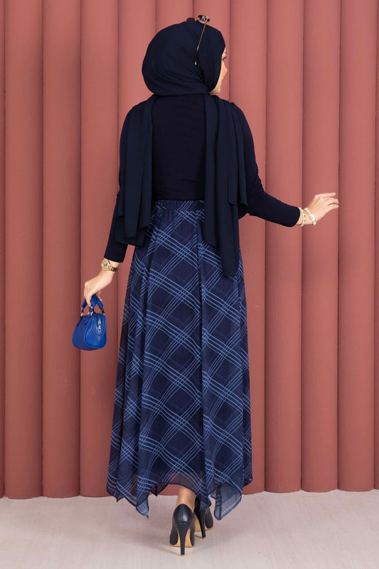 Checked Pattern Asymmetric Cut Chiffon Skirt Navy Blue