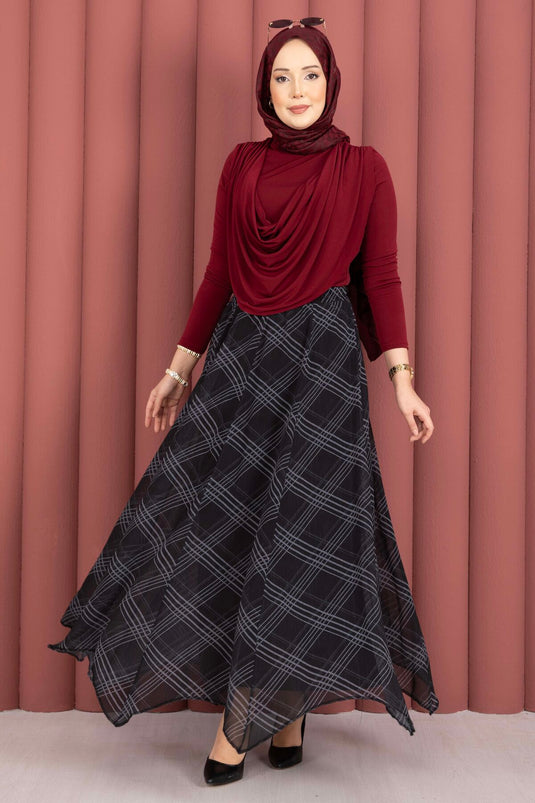 Checked Pattern Asymmetric Cut Chiffon Skirt Black