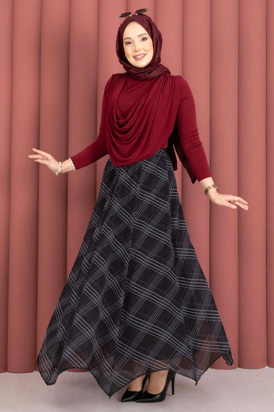 Checked Pattern Asymmetric Cut Chiffon Skirt Black