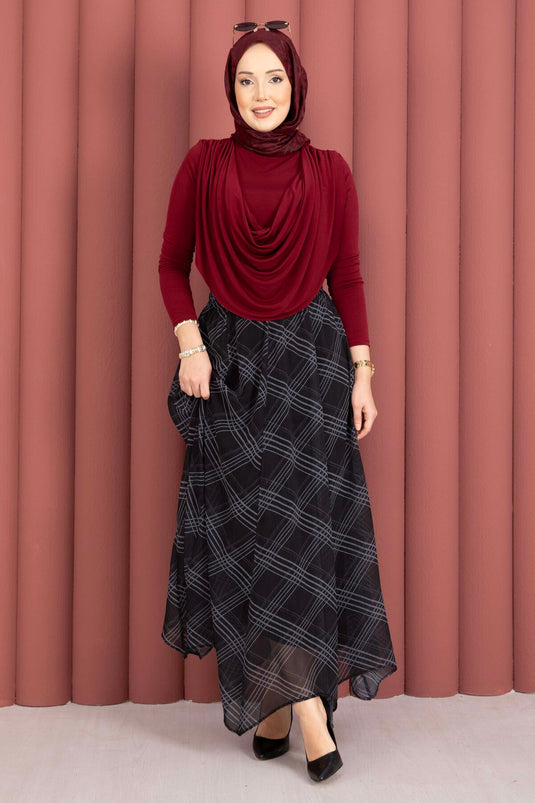 Checked Pattern Asymmetric Cut Chiffon Skirt Black