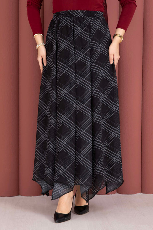 Checked Pattern Asymmetric Cut Chiffon Skirt Black