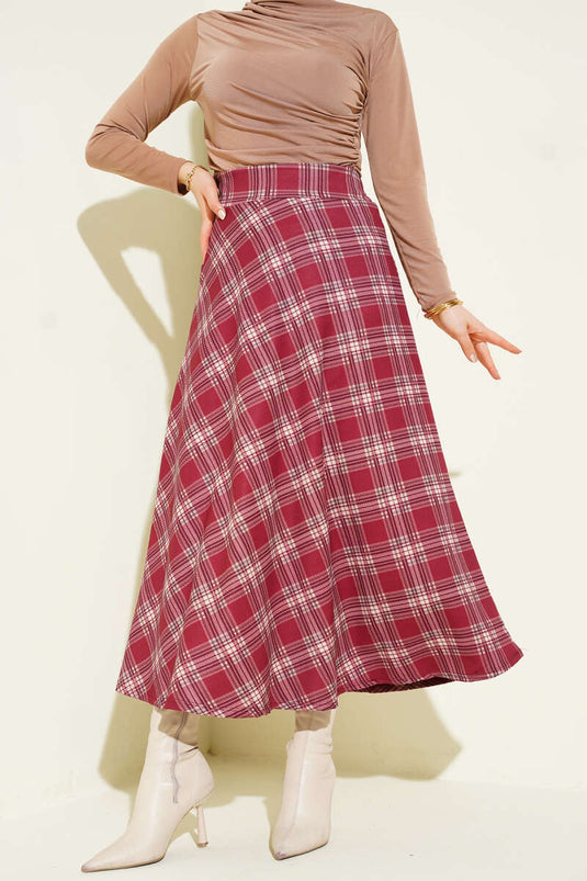 Gonna con motivo Ekose e cerniera in vita, bordeaux