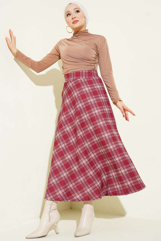 Gonna con motivo Ekose e cerniera in vita, bordeaux