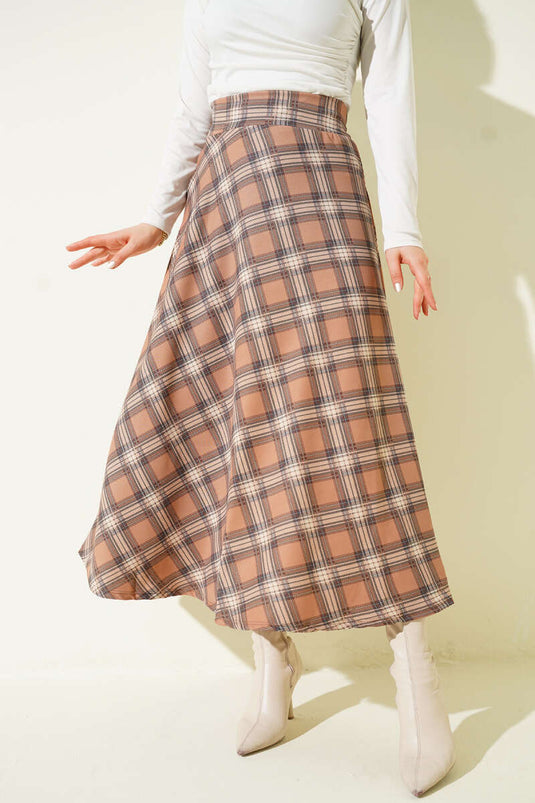 Ekose Muster Rock mit Taillenreißverschluss Camel