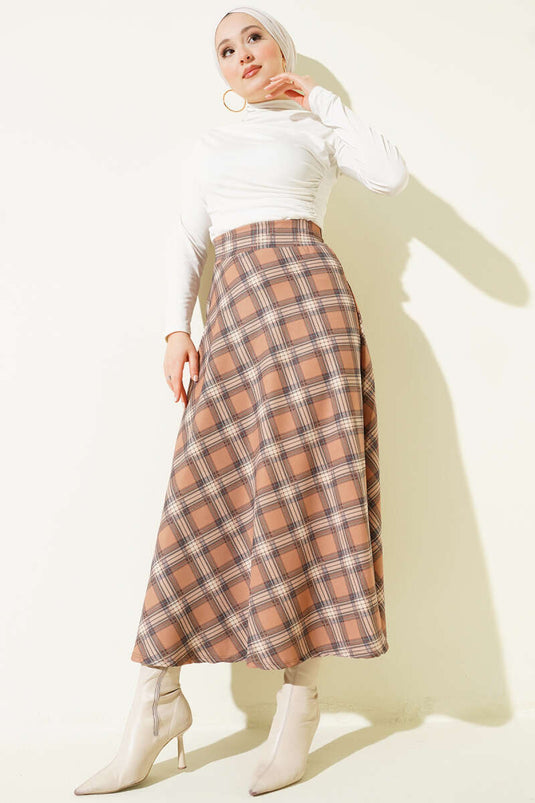 Ekose Muster Rock mit Taillenreißverschluss Camel