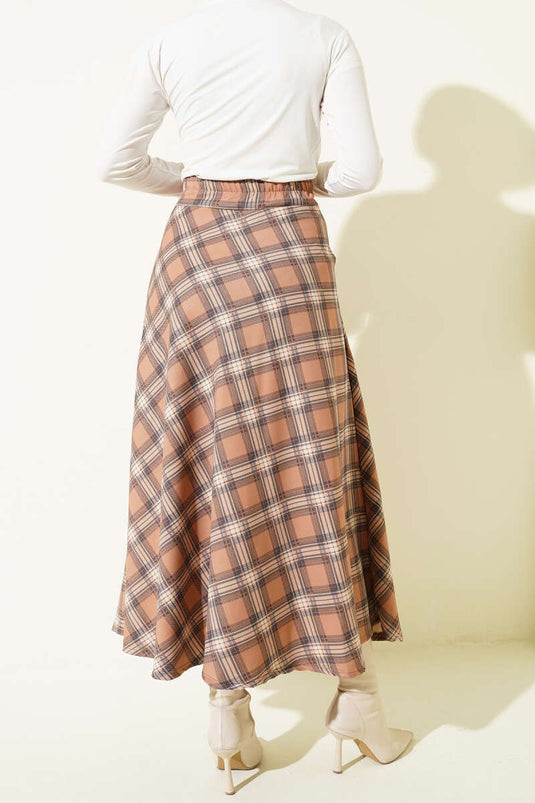 Ekose Muster Rock mit Taillenreißverschluss Camel