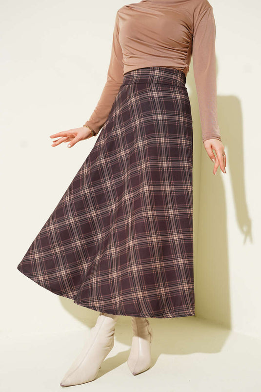 Plaid Pattern Waist Zipper Skirt Brown