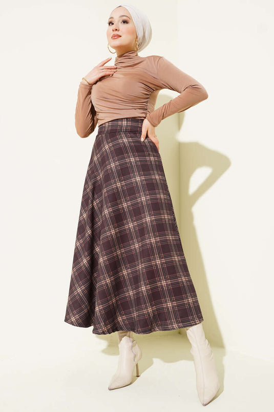 Plaid Pattern Waist Zipper Skirt Brown