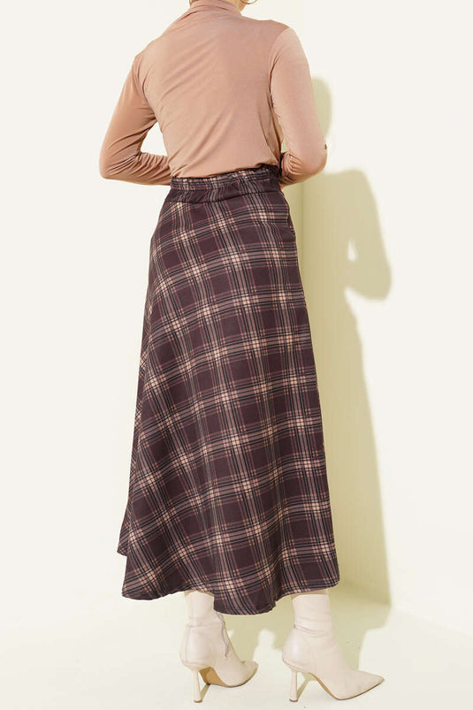 Plaid Pattern Waist Zipper Skirt Brown