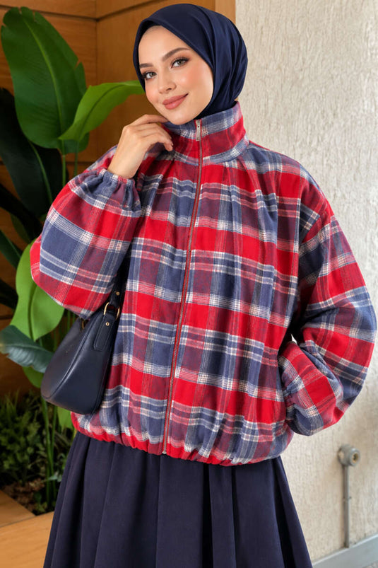 Chaqueta Con Cremallera De Cuadros Roja