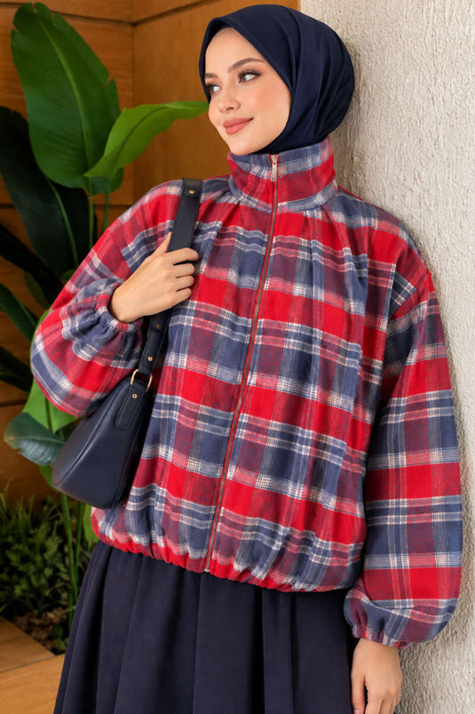 Chaqueta Con Cremallera De Cuadros Roja
