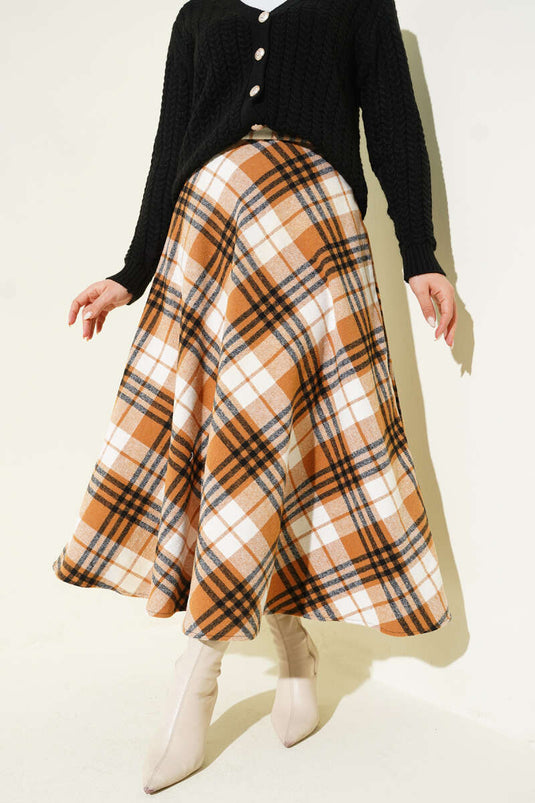 Ekose Desenli Fermuarlı Kaşe Etek Camel