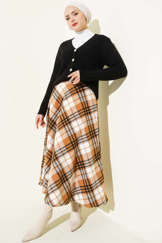 Ekose Desenli Fermuarlı Kaşe Etek Camel