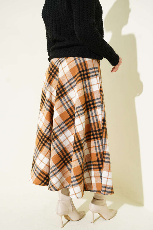 Ekose Desenli Fermuarlı Kaşe Etek Camel