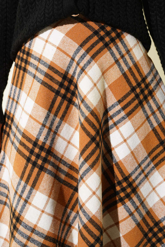 Ekose Desenli Fermuarlı Kaşe Etek Camel